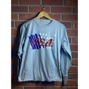 Vintage 1988 USA Stars Long Sleeve Tee – Light Blue – Size Women's Medium